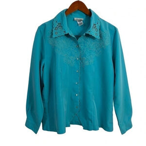 Anthony Richards Blue Button Up 12 Eyelet Cutout Embroidered Flowers Scalloped